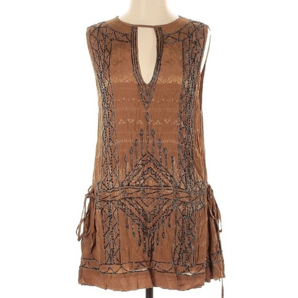 Free People Love Story Party Boho Dress – Brown/Gold Metallic Beaded – Small - Picture 15 of 16